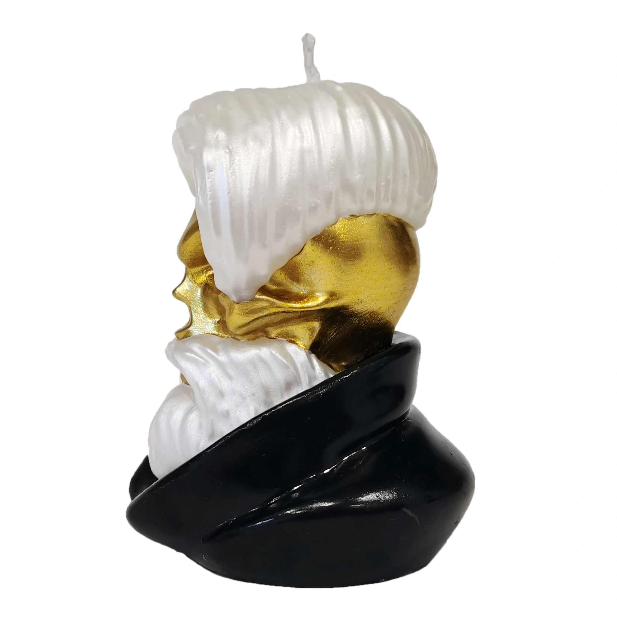 Punk Rock Skull Candle_gold skull with white stylish hair_sideview