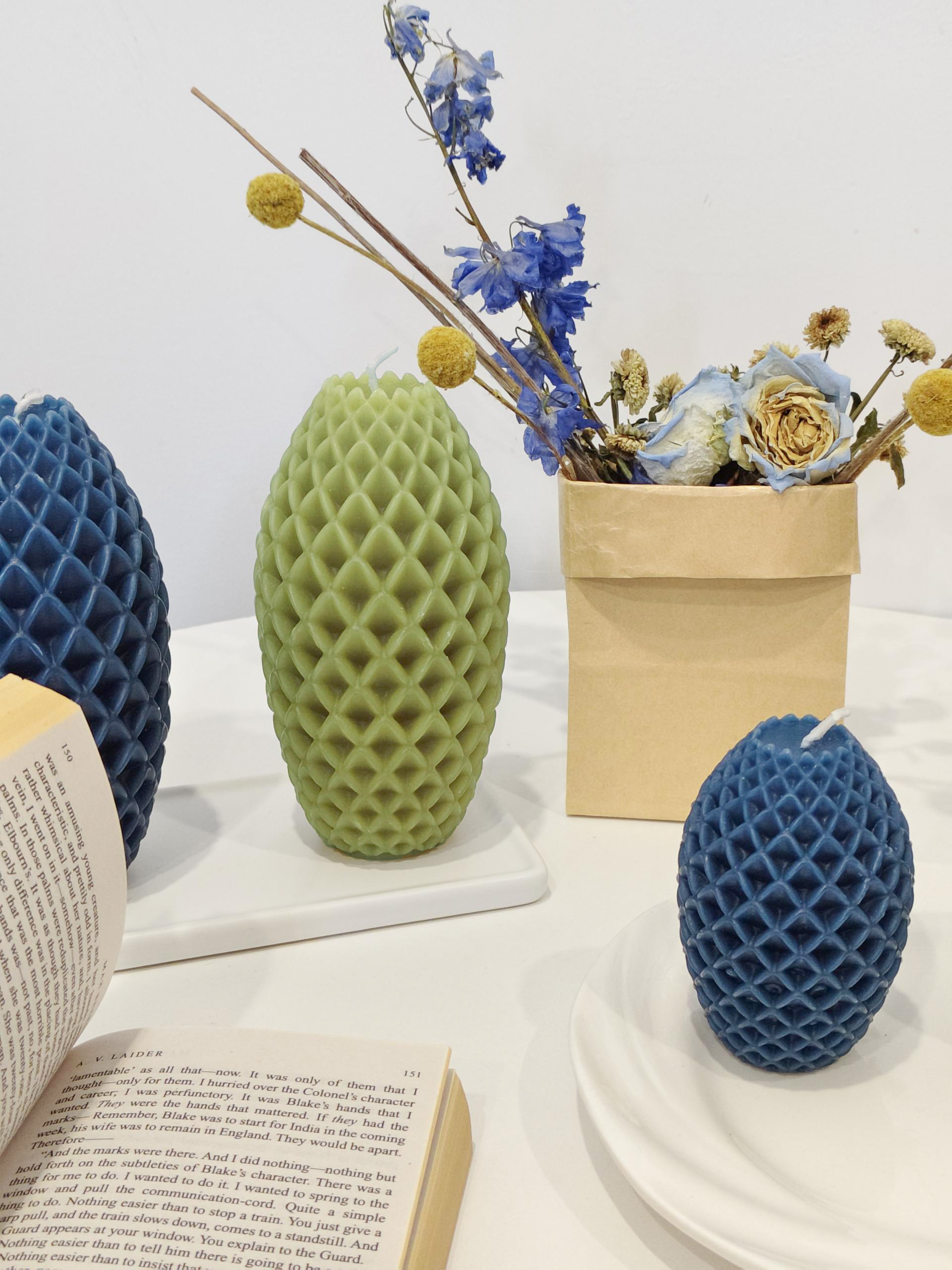 Ocean Blue & Moss Green Pineapple Candles on desk_scene2