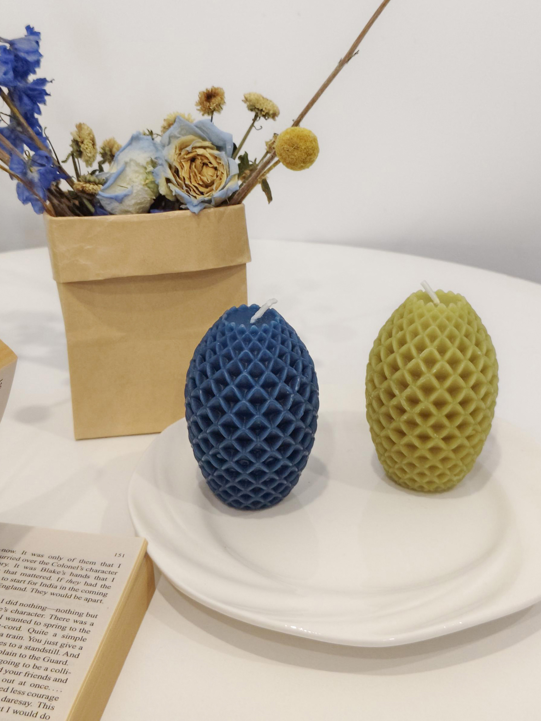 Small Pineapple Candles on desk_ocean blue & moss green