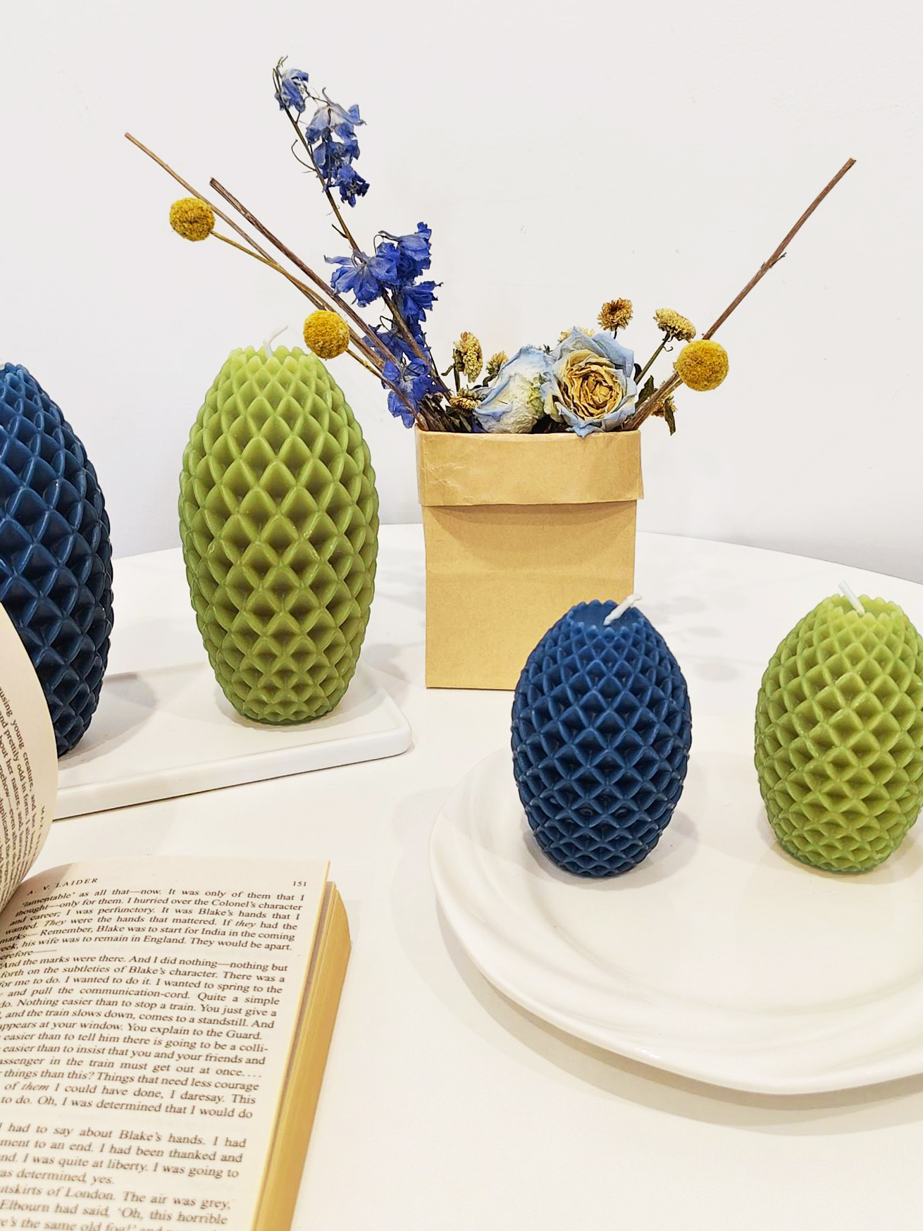 Ocean Blue & Moss Green Pineapple Candles on desk_scene1