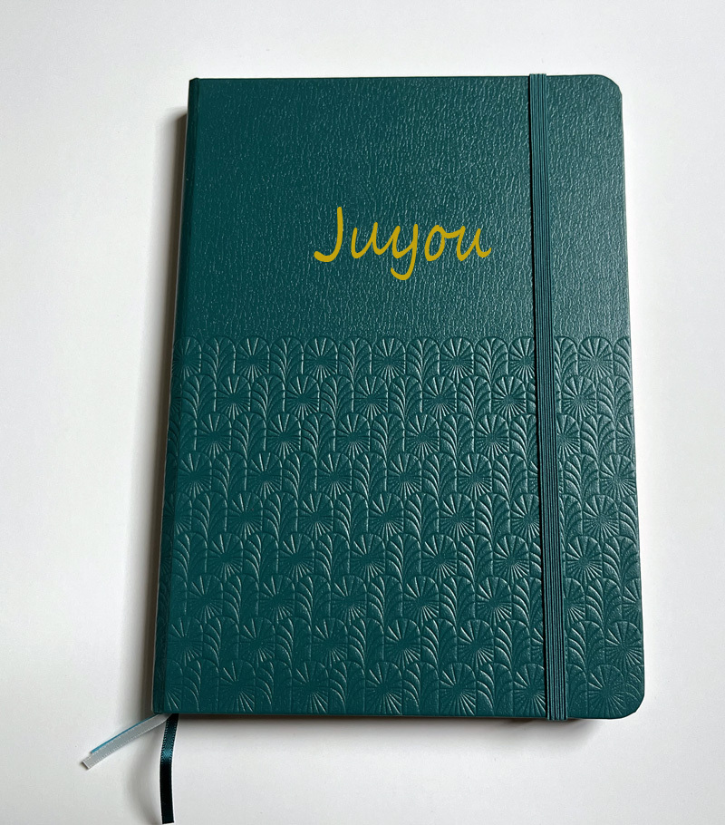 juyou paper excellent quality A5 PU leather cover embossed texture hardcover notebook bind with  elastic and colorful bookmarks
