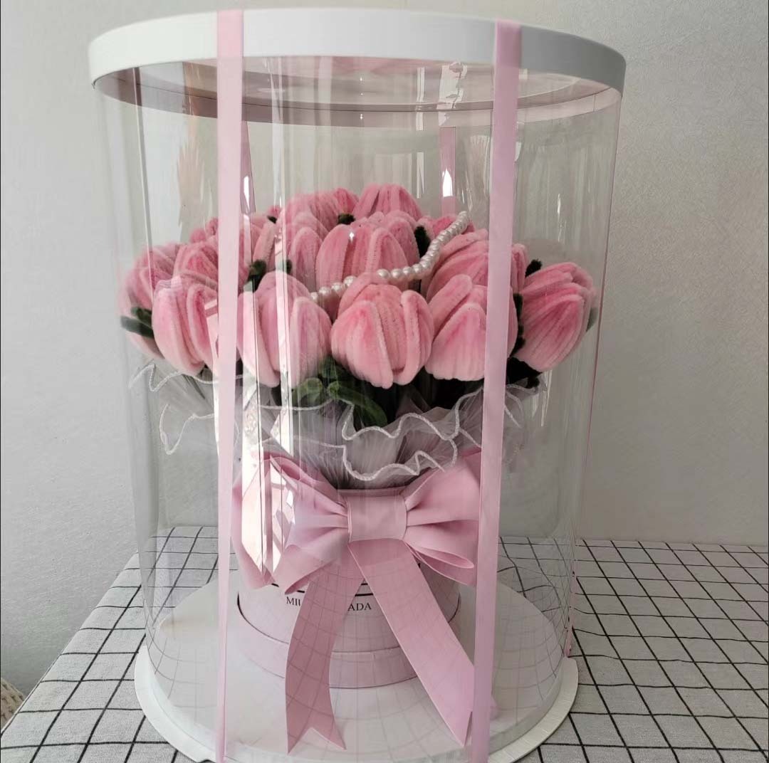 juyou paper Specialty paper round cake box birthday gift package round tube paper box with clear PET window cake packaging flower boxes silk ribbon close