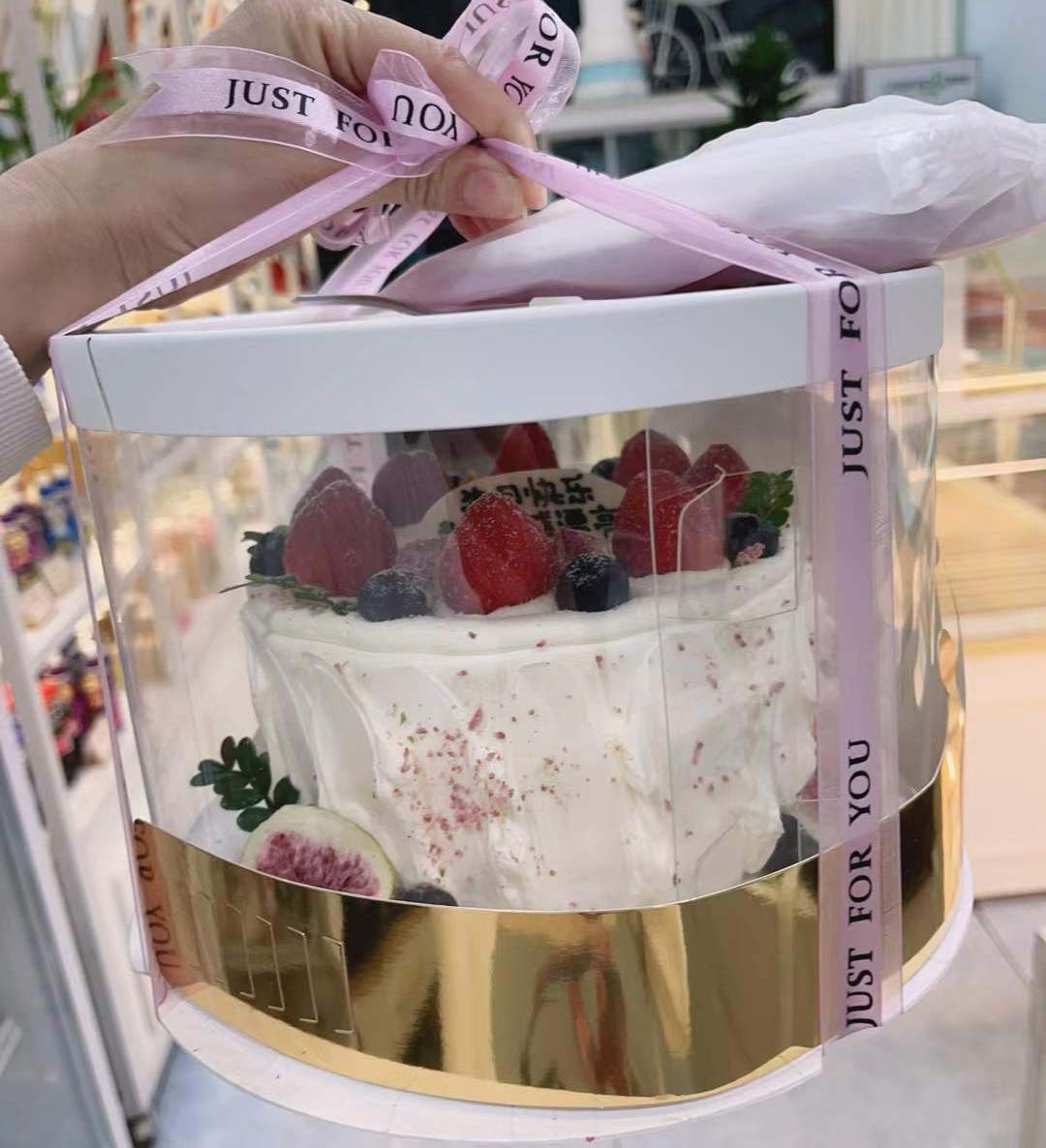 juyou paper Specialty paper round cake box birthday gift package round tube paper box with clear PET window cake packaging flower boxes silk ribbon close