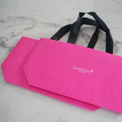 juyou paper Seamless fashion shopping bag custom printed Kraft bag grocery gift packaging pink paper bag with ribbed ribbon handle