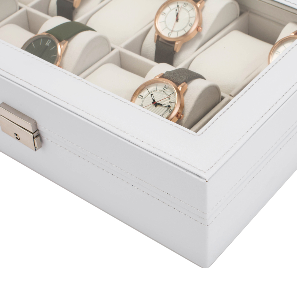Watch Box 12 Slots Watch Case for Men Women Leather Watch Organizer Holder Display Storage Case with Glass Lid White
