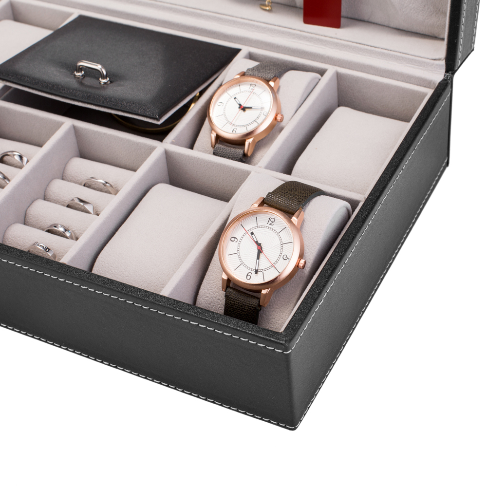 Jewelry Box 8 Slots Watch Organizer Storage Case with Lock and Mirror for Men Women Black