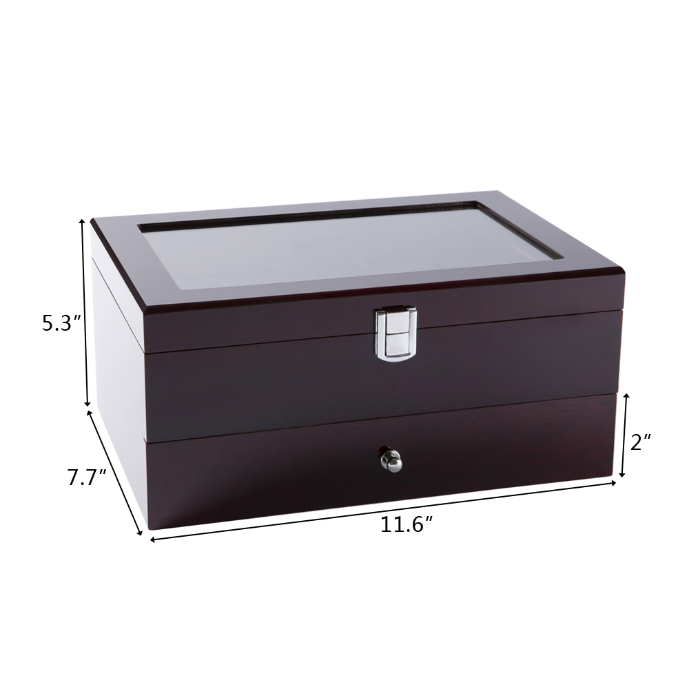 Mens Wooden Watch Box 10 Slots 4 multi-functional parts Jewelry Organizer Storage Case with Real Glass Top