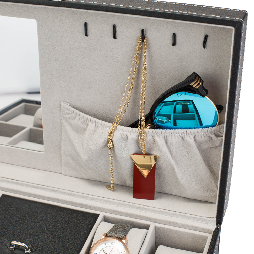 Jewelry Box 8 Slots Watch Organizer Storage Case with Lock and Mirror for Men Women Black