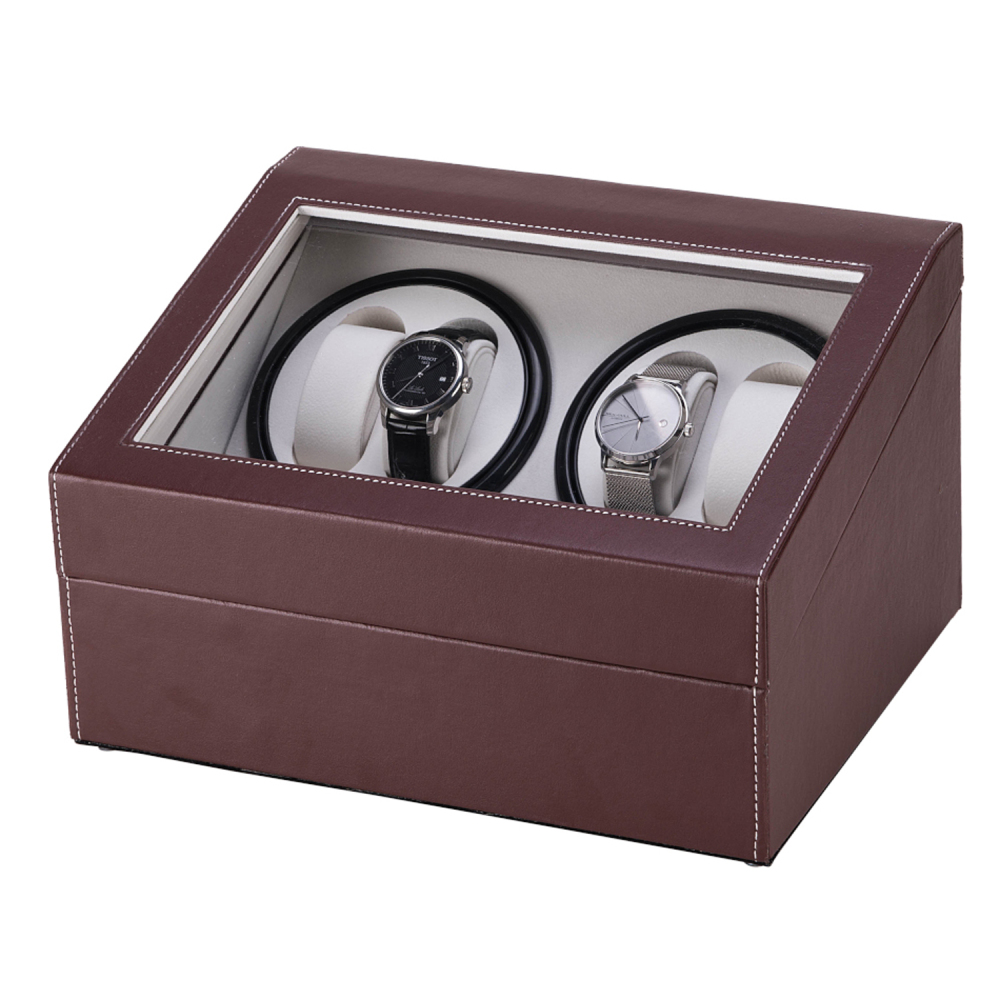 Brown Leather Watch Winder Storage Auto Display Case Box 4 6 Automatic Rotation