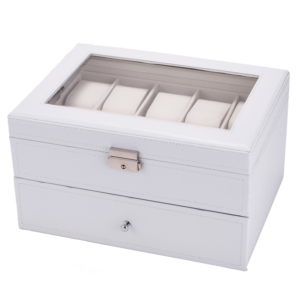 20 Watch Box Lockable Organizer Display Case with Glass Top White