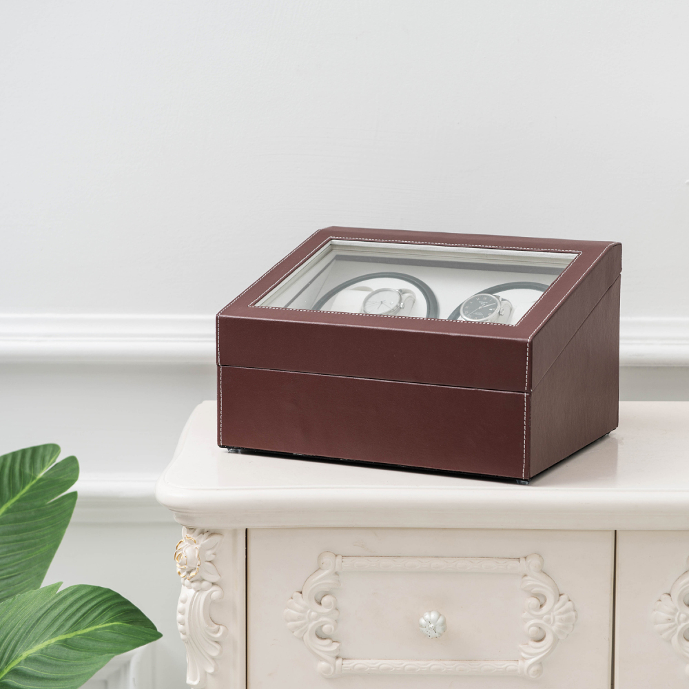 Brown Leather Watch Winder Storage Auto Display Case Box 4 6 Automatic Rotation