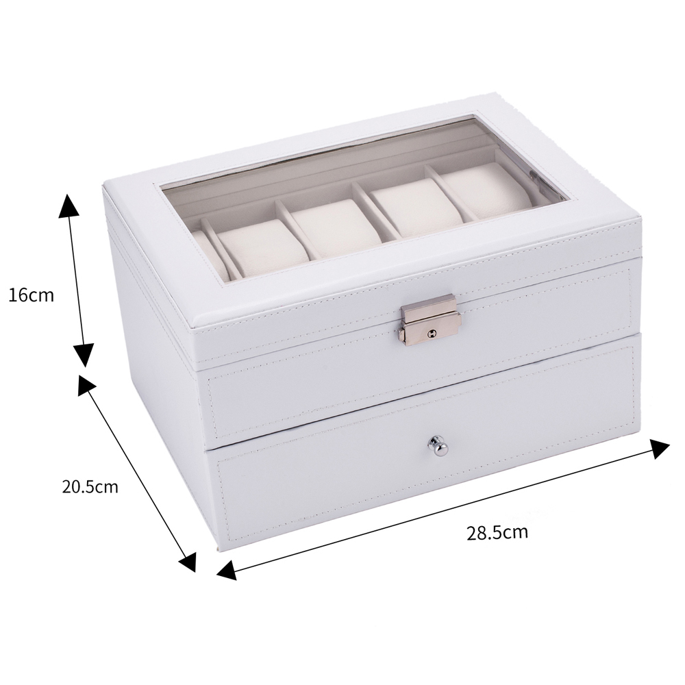 20 Watch Box Lockable Organizer Display Case with Glass Top White