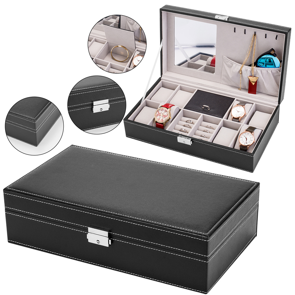 Jewelry Box 8 Slots Watch Organizer Storage Case with Lock and Mirror for Men Women Black