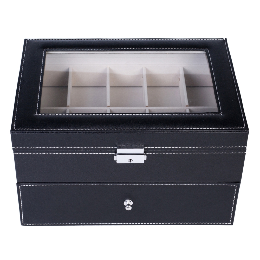 20 Compartments Dual Layers Elegant Wooden Watch Collection Box Black