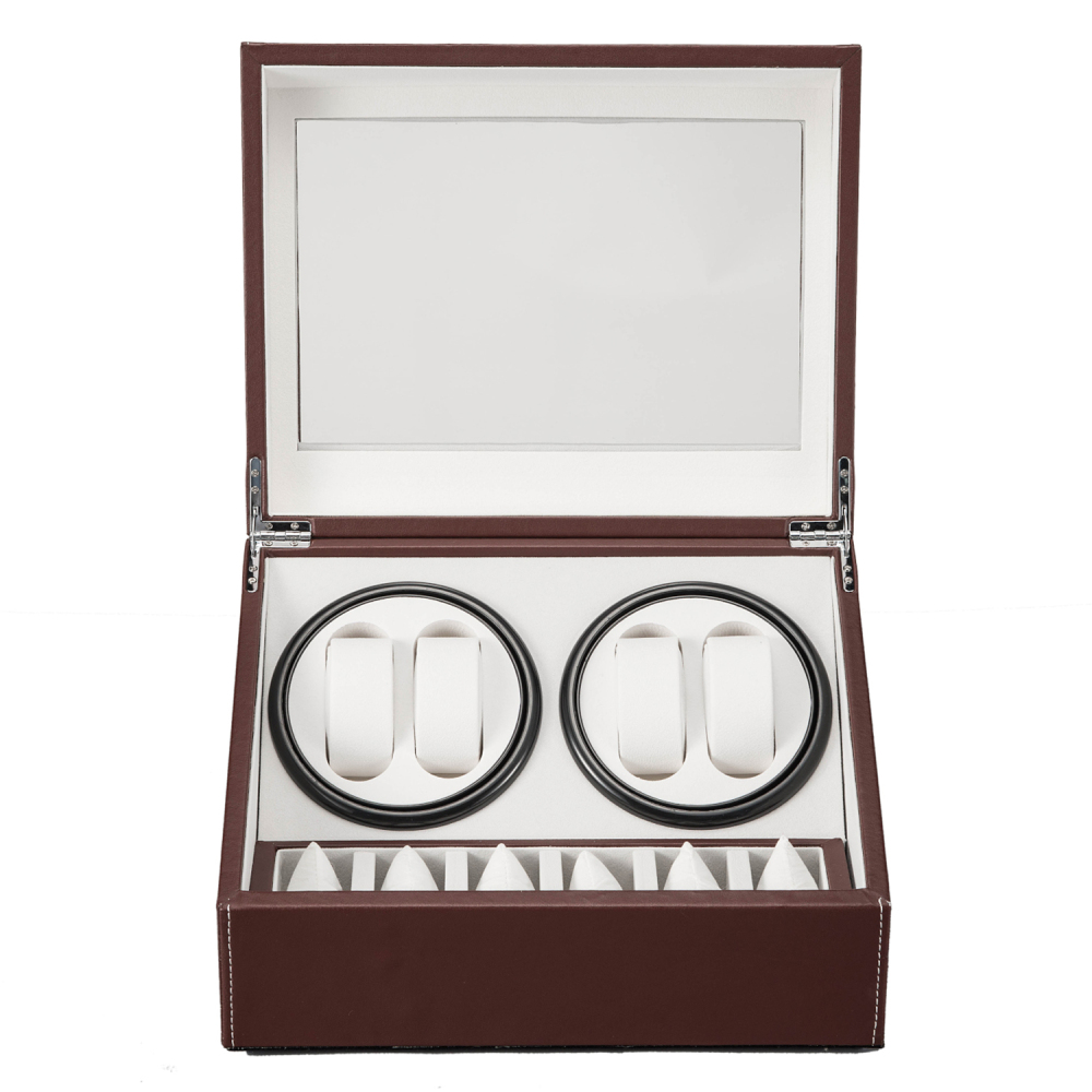 Brown Leather Watch Winder Storage Auto Display Case Box 4 6 Automatic Rotation