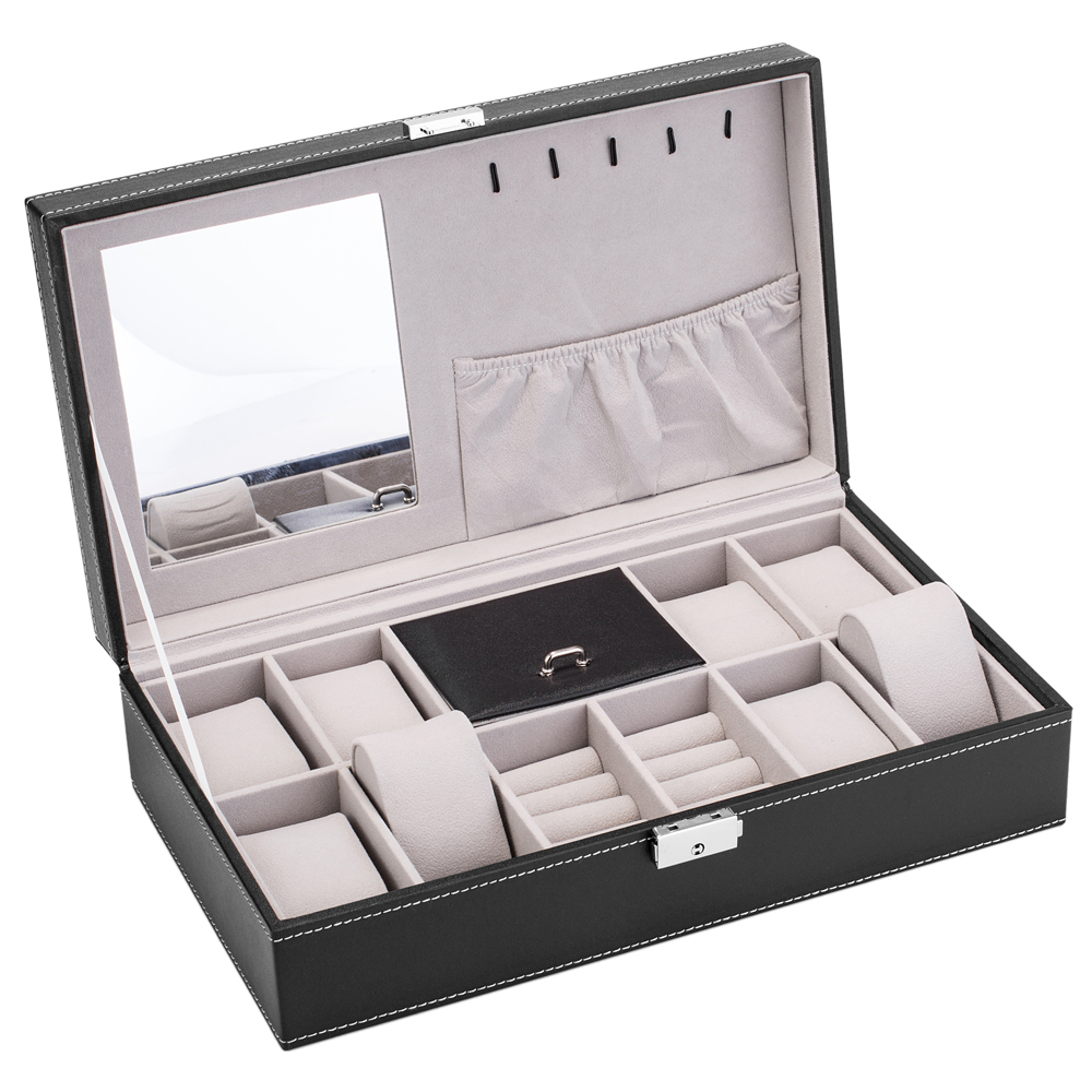 Jewelry Box 8 Slots Watch Organizer Storage Case with Lock and Mirror for Men Women Black