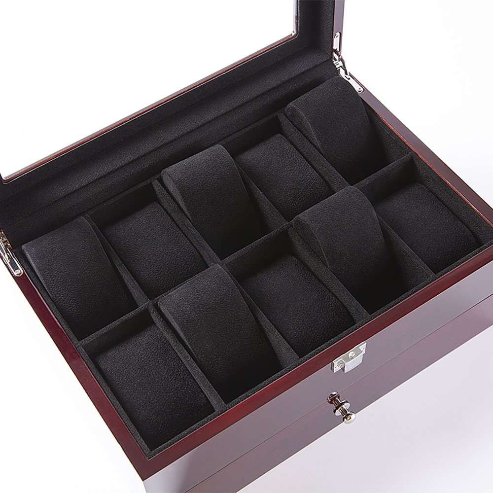 Mens Wooden Watch Box 10 Slots 4 multi-functional parts Jewelry Organizer Storage Case with Real Glass Top