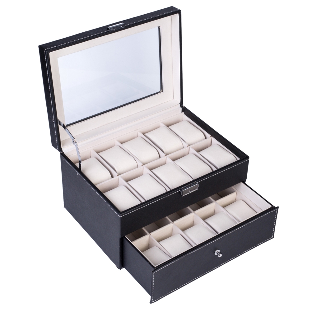 20 Compartments Dual Layers Elegant Wooden Watch Collection Box Black