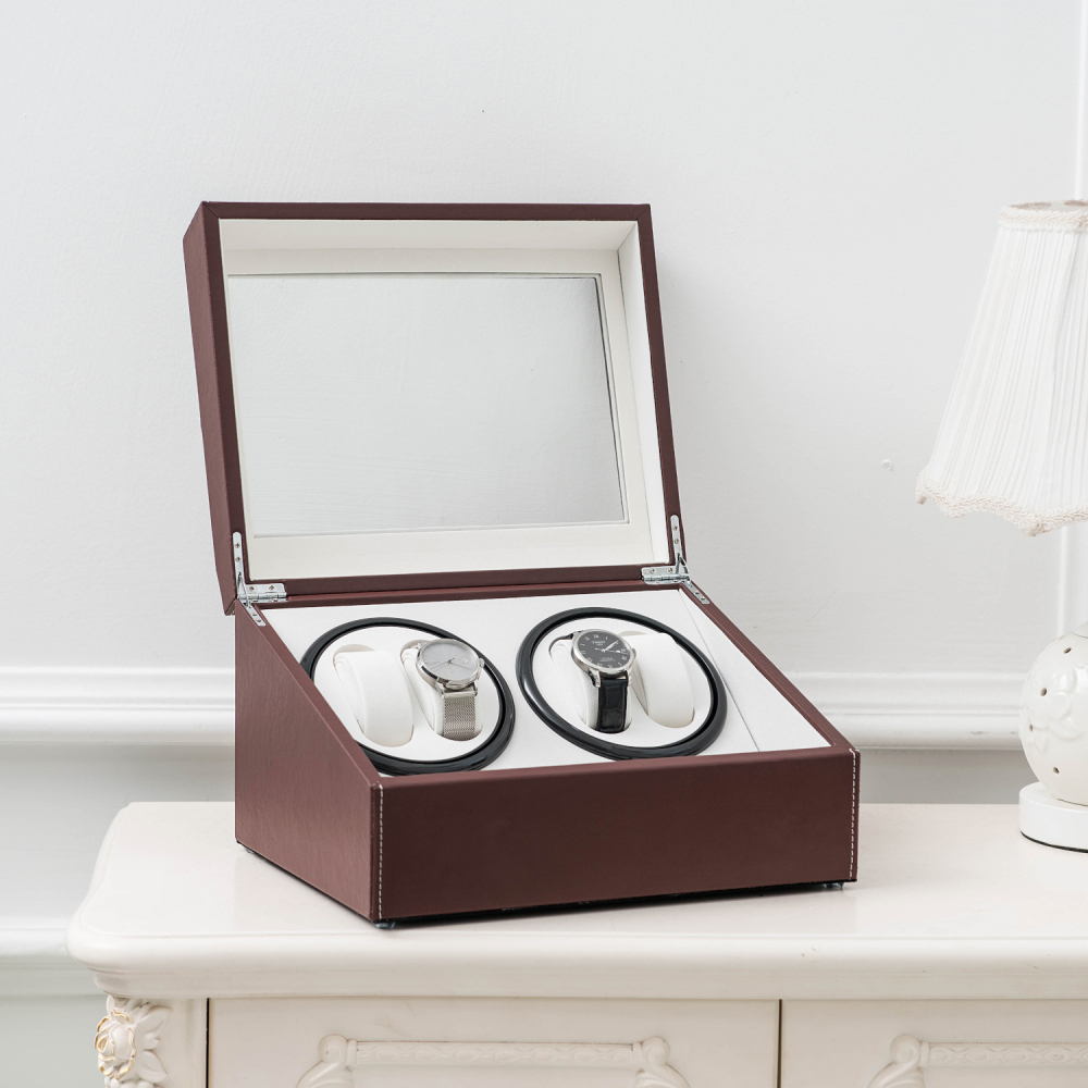Brown Leather Watch Winder Storage Auto Display Case Box 4 6 Automatic Rotation