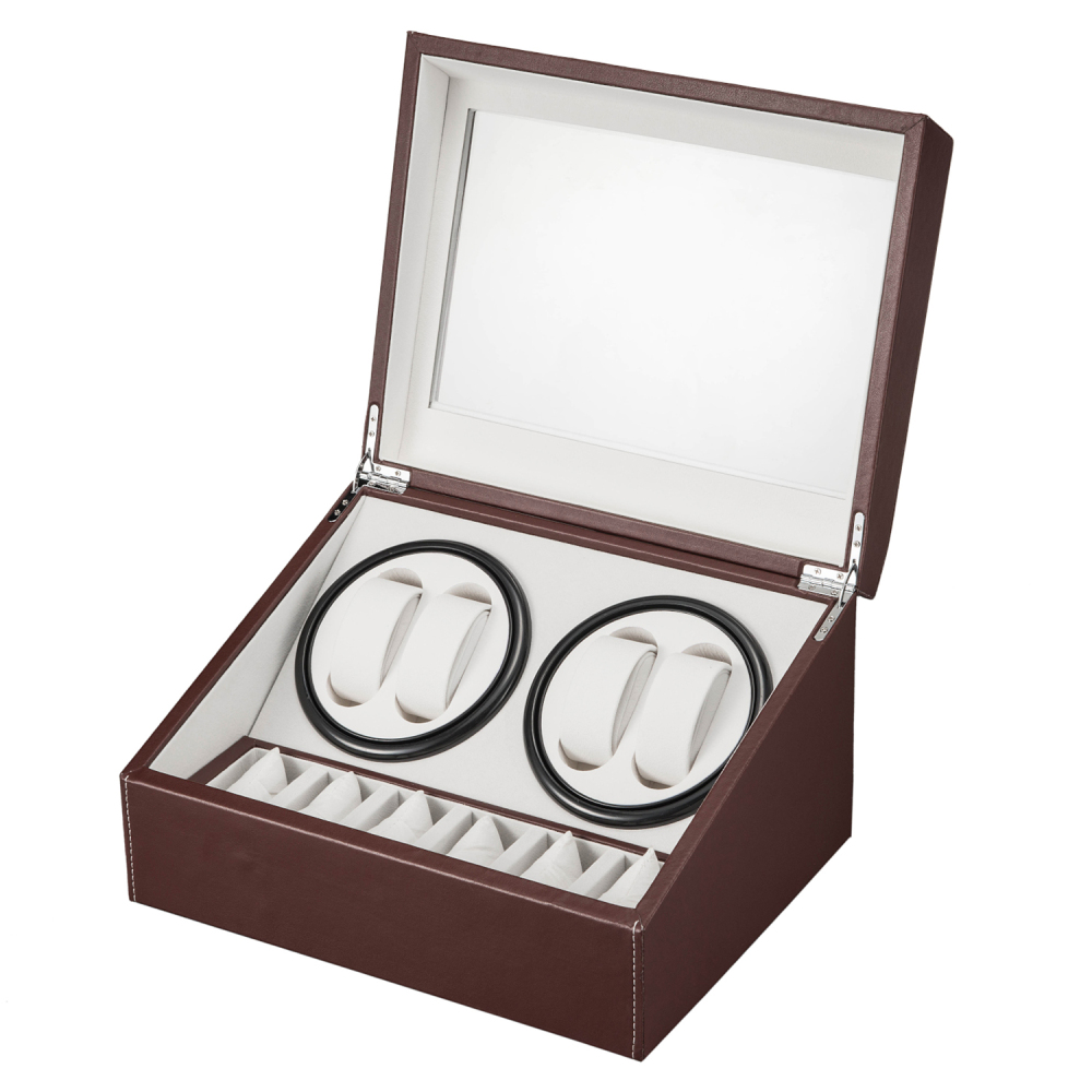 Brown Leather Watch Winder Storage Auto Display Case Box 4 6 Automatic Rotation