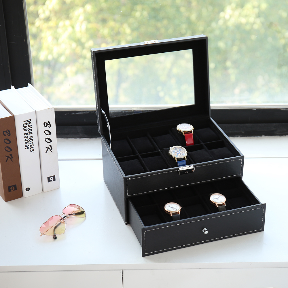 Watch Box 20 Mens Case Glass Top Display Organizer Lockable Black