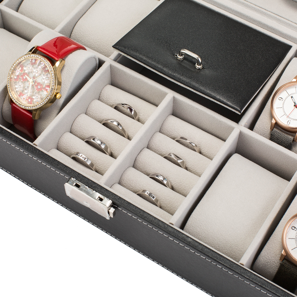 Jewelry Box 8 Slots Watch Organizer Storage Case with Lock and Mirror for Men Women Black