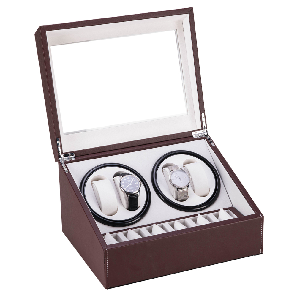 Brown Leather Watch Winder Storage Auto Display Case Box 4 6 Automatic Rotation