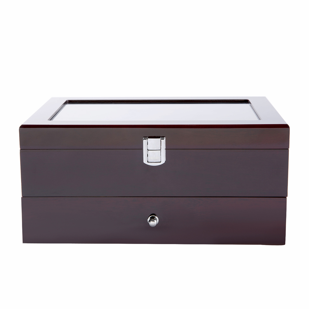 Mens Wooden Watch Box 10 Slots 4 multi-functional parts Jewelry Organizer Storage Case with Real Glass Top