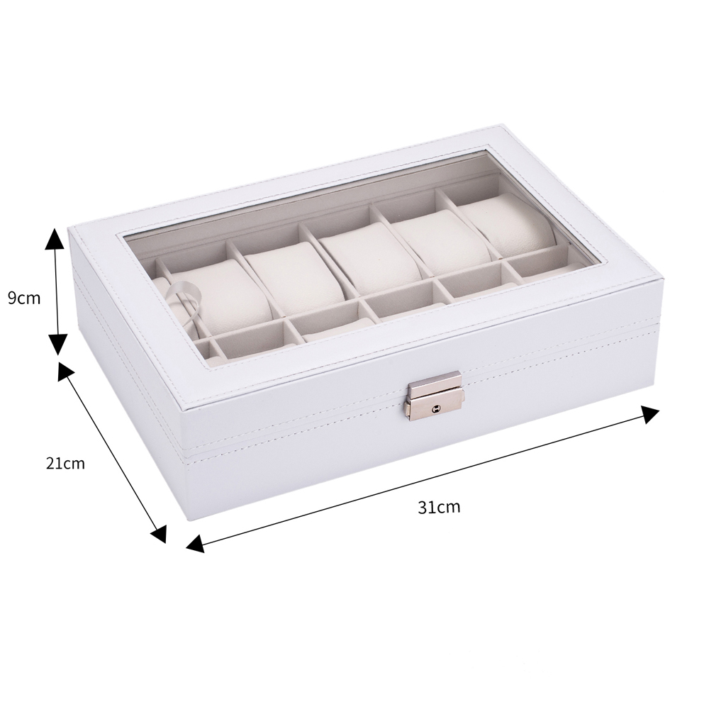 Watch Box 12 Slots Watch Case for Men Women Leather Watch Organizer Holder Display Storage Case with Glass Lid White