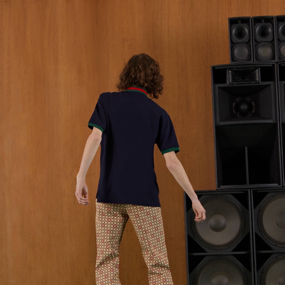 香港高仿衣服 GUCCI 2023SS 領口條紋POLO衫 海軍藍