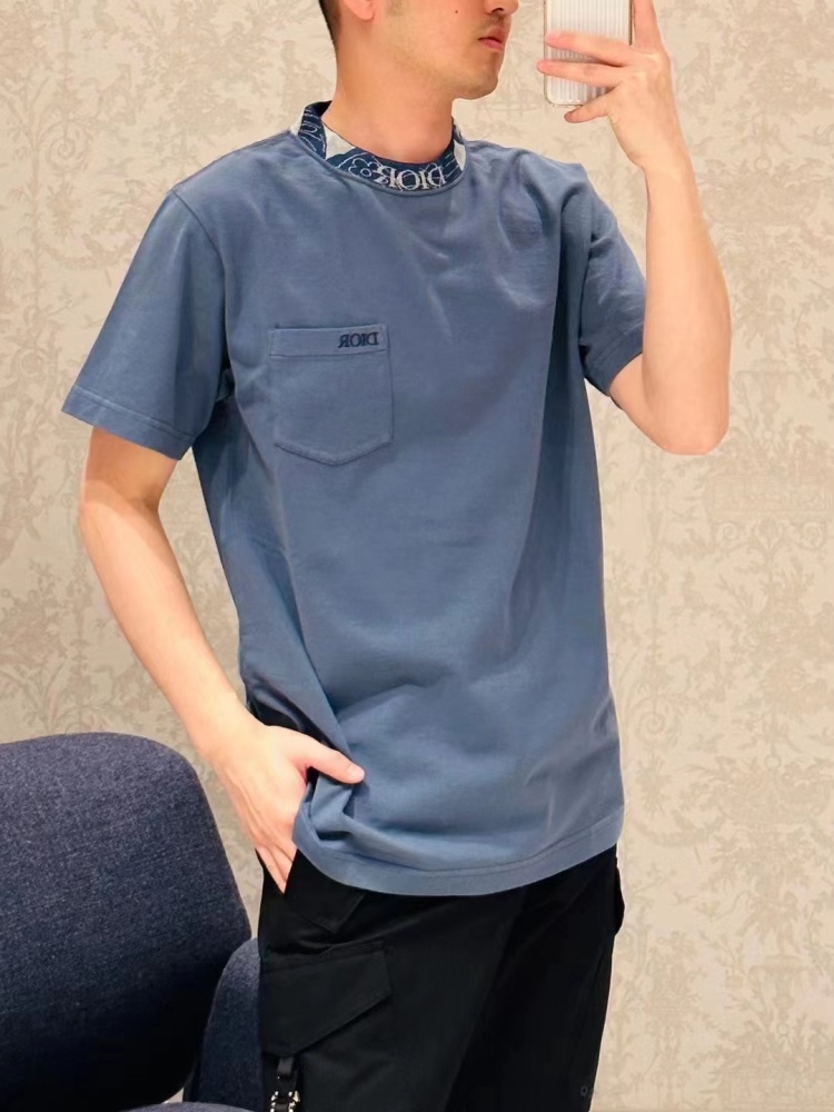 香港高仿衣服 DIOR 迪奧 領口花卉刺繡短袖 奢侈品 藍色