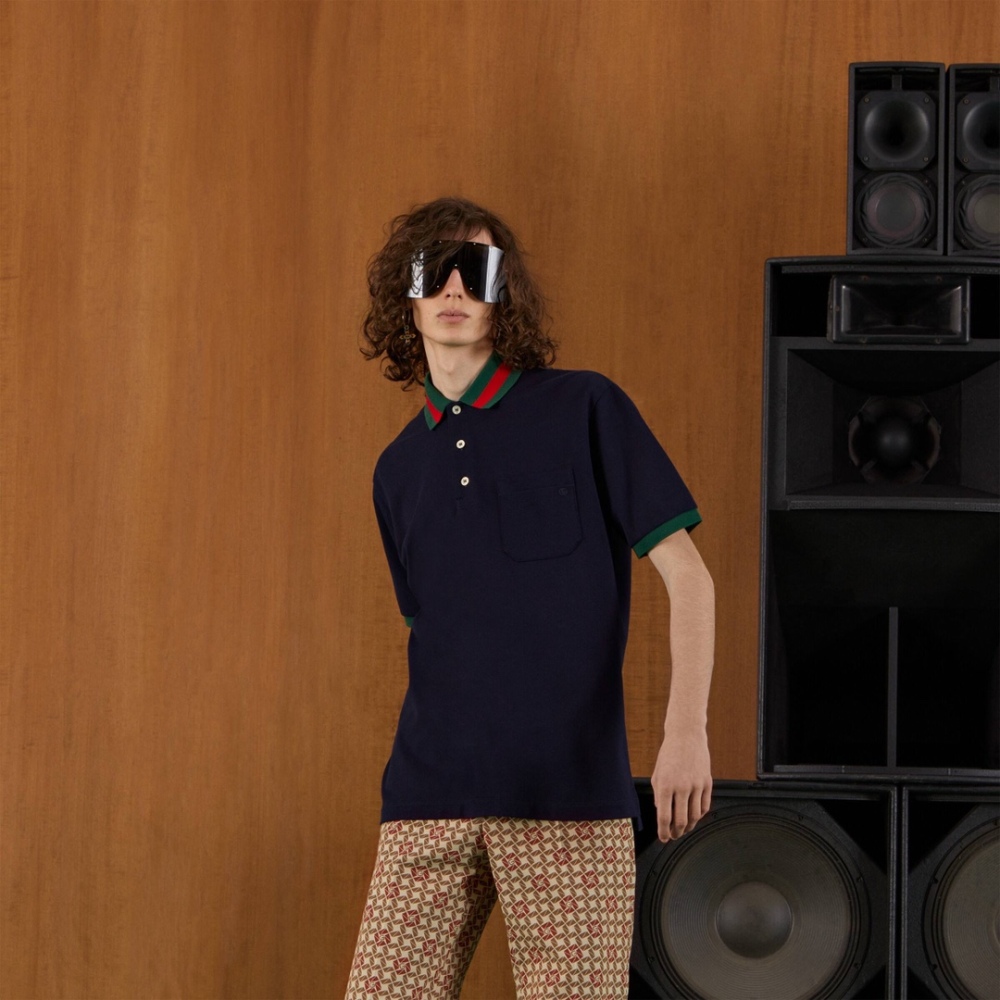 香港高仿衣服 GUCCI 2023SS 領口條紋POLO衫 海軍藍