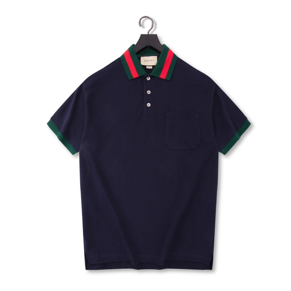 香港高仿衣服 GUCCI 2023SS 領口條紋POLO衫 海軍藍