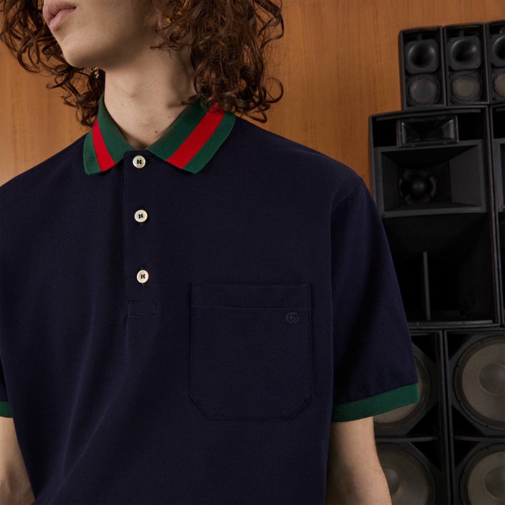 香港高仿衣服 GUCCI 2023SS 領口條紋POLO衫 海軍藍
