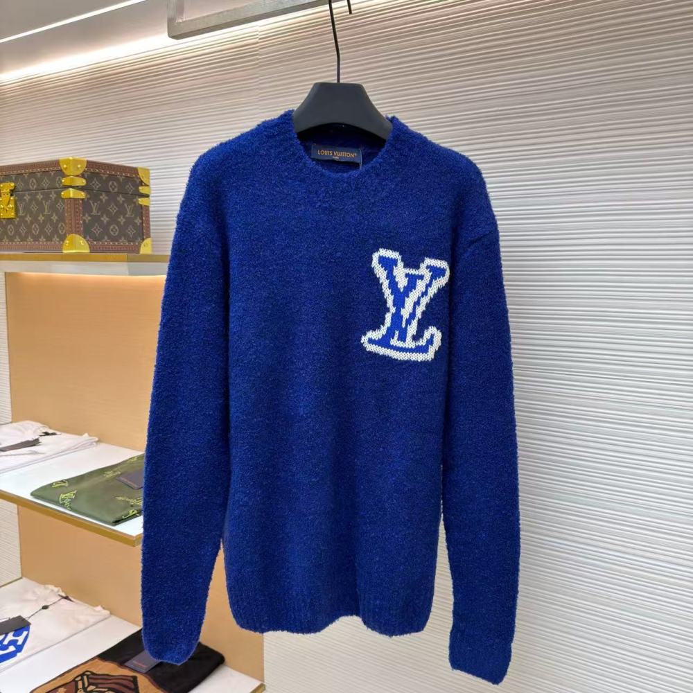 香港高仿衣服 Louis Vuitton 經典嵌花圓領羊毛衫毛衣 男款 藍色