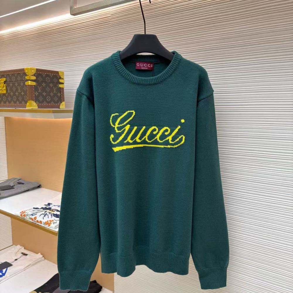 香港高仿衣服 GUCCI古馳 飾嵌花針織羊毛套衫 綠色 男女同款