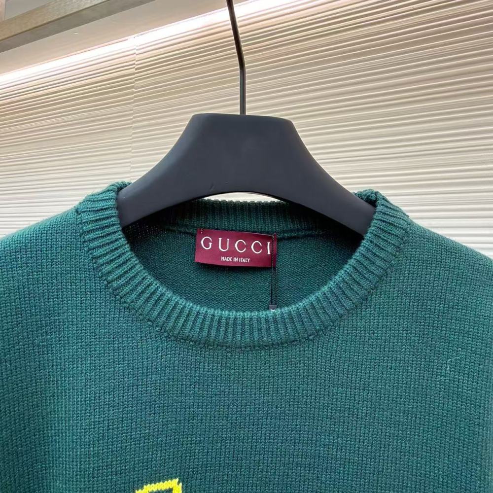 香港高仿衣服 GUCCI古馳 飾嵌花針織羊毛套衫 綠色 男女同款