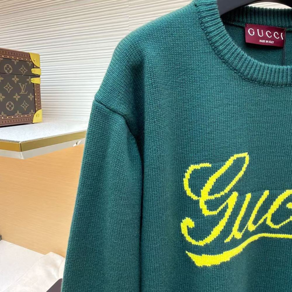 香港高仿衣服 GUCCI古馳 飾嵌花針織羊毛套衫 綠色 男女同款
