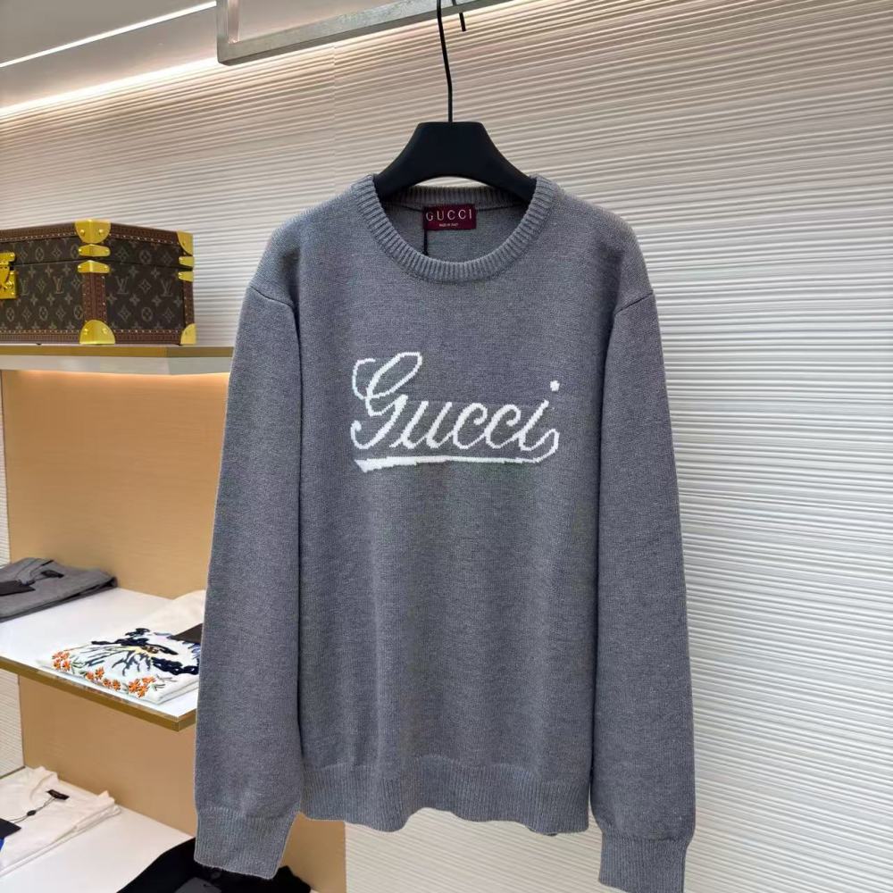香港高仿衣服 GUCCI古馳 飾嵌花羊毛衫 灰色