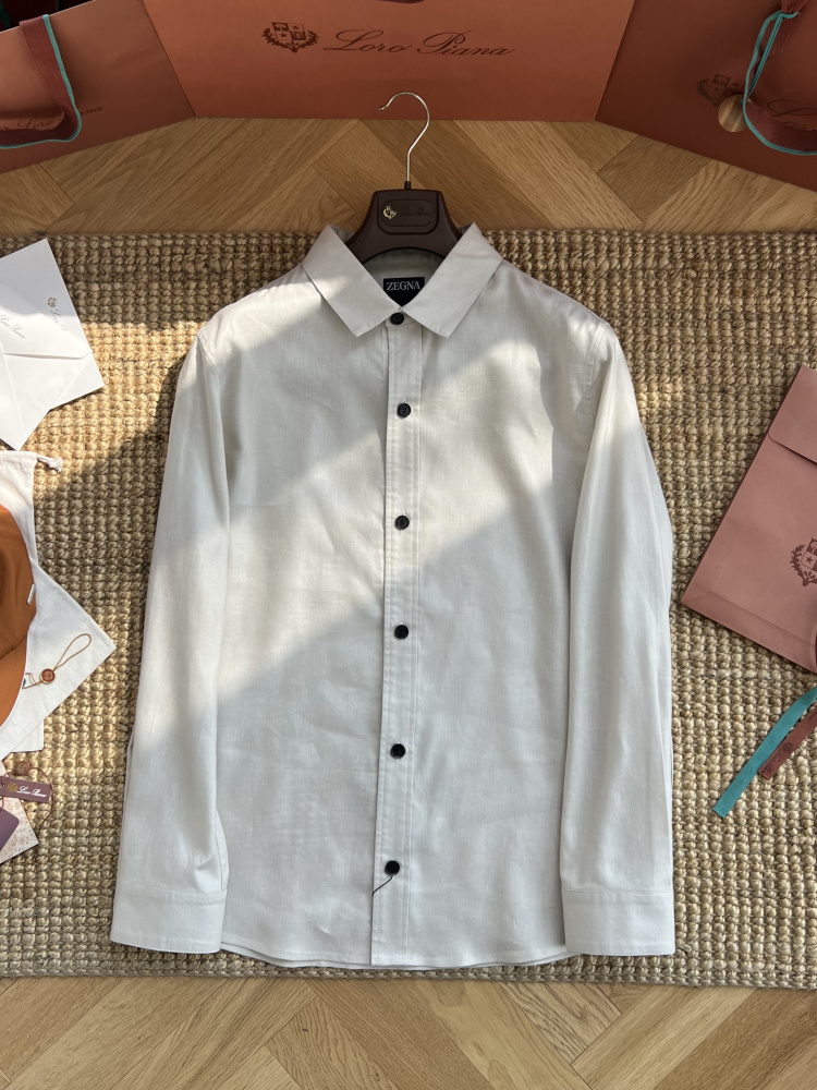 alt="ZEGNA 杰尼亚男士白色亚麻长袖衬衫"