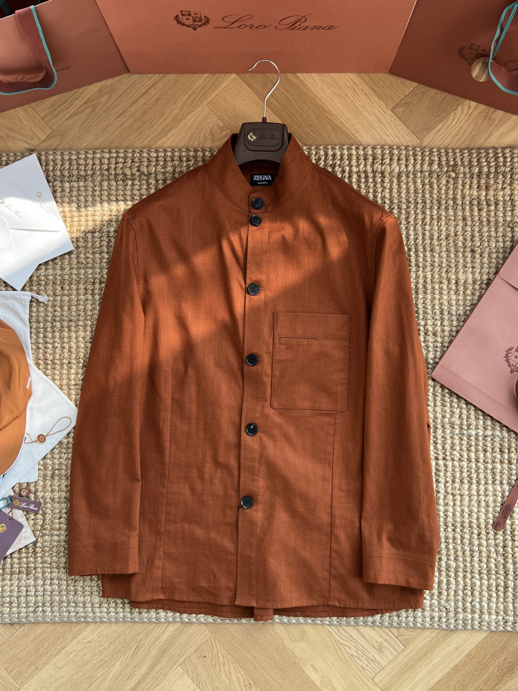 alt="ZEGNA 杰尼亚男士橙色立领长袖衬衫，CASHSETA系列"