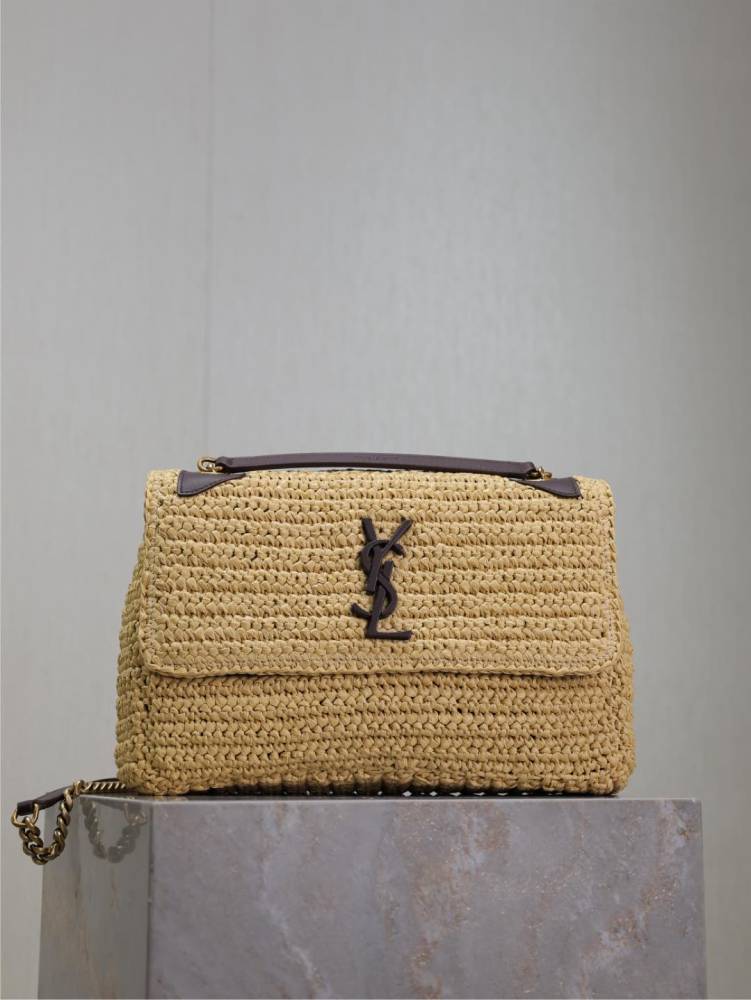 alt="Saint Laurent Niki Raffia Macrame Leather Shoulder Bag 米色款正面展示"