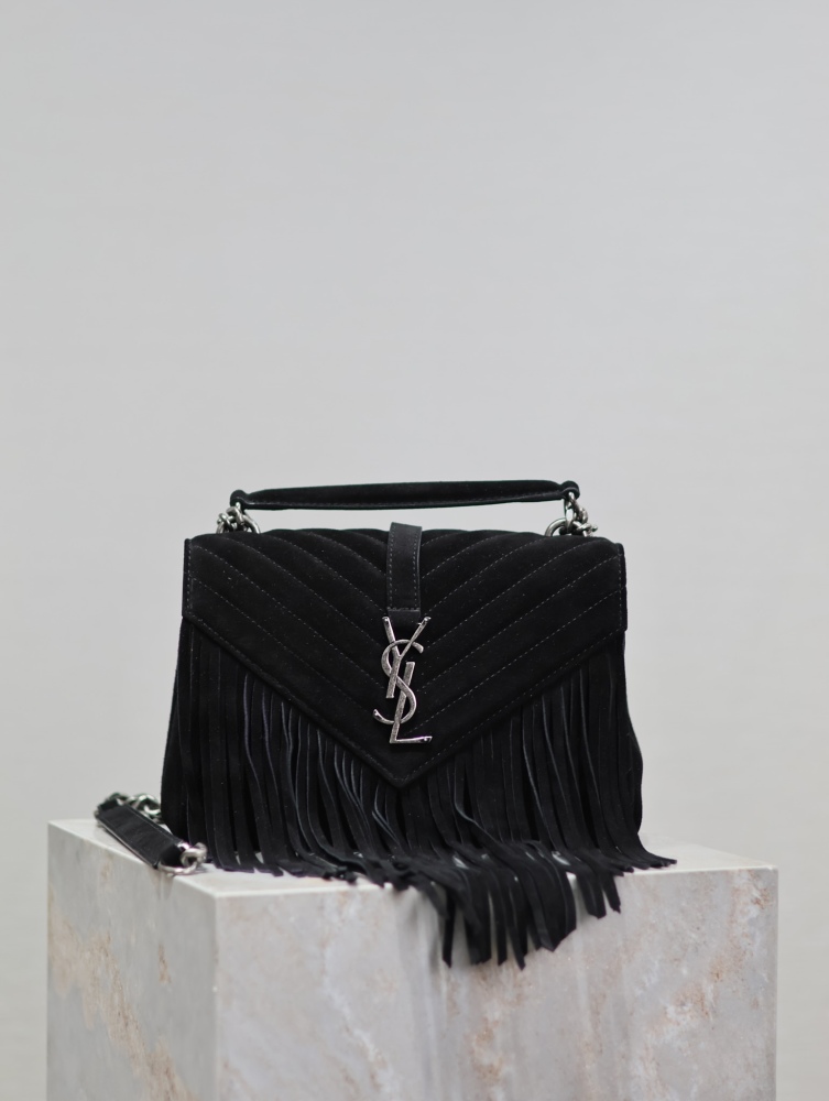 alt="Saint Laurent 黑色流苏麂皮包正面全景"