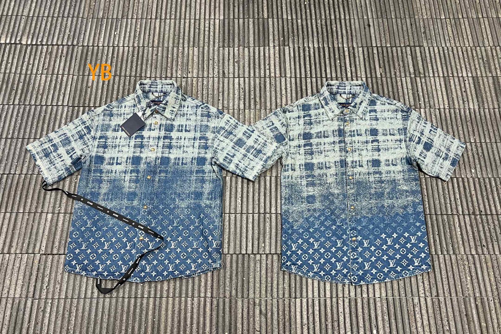 LV 牛仔短袖襯衫面料真假對比圖