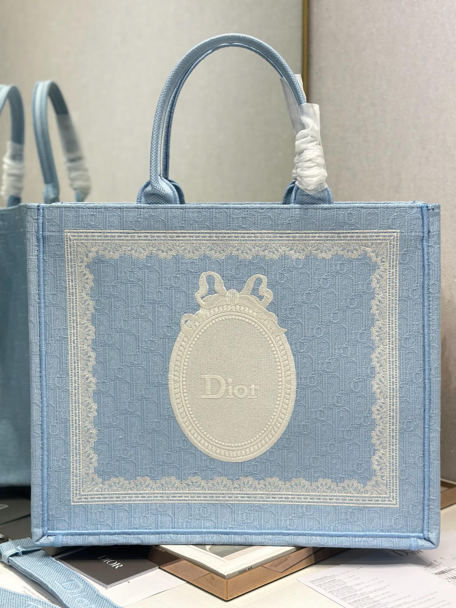 頂級復刻Dior Book Tote 酒椰草托特包 天藍鏡子 正面圖
