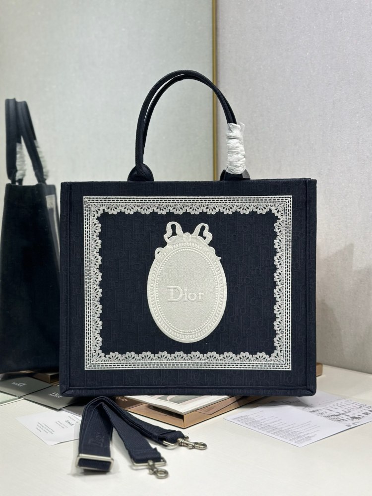 頂級復刻Dior Book Tote 酒椰草托特包 黑藍鏡子 主視圖