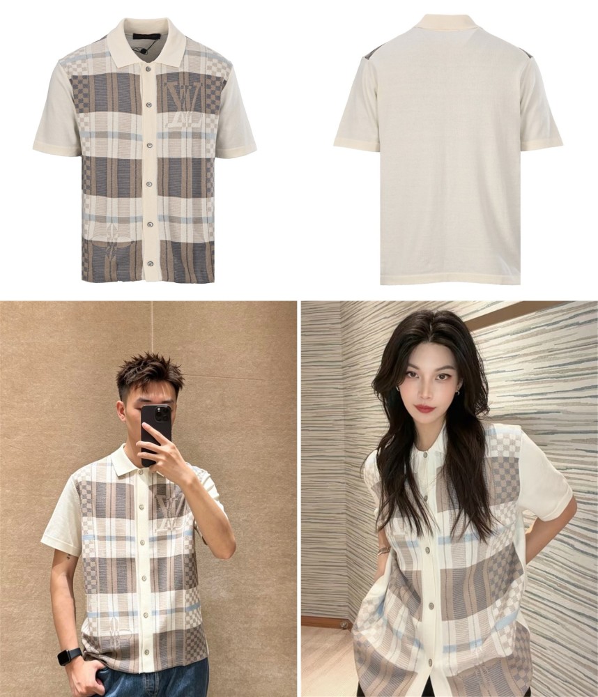 正面全身展示 LOUIS VUITTON LOUIS VUITTON LV 格子提花针织短袖衬衫正品1 LOUIS VUITTON復刻版