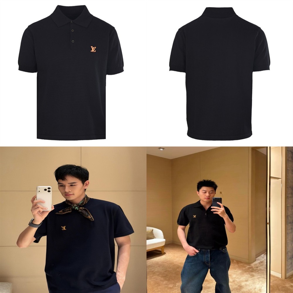 正面全身展示 LOUIS VUITTON LOUIS VUITTON LV 皮质针织纽扣马球短袖POL LOUIS VUITTON復刻版