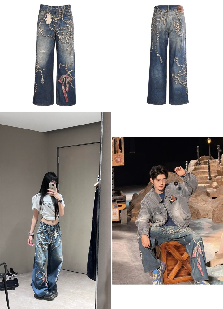正面全身展示 ACNE STUDIOS ACNE STUDIOS 链条印花染色做旧牛仔长裤定制雾境重 ACNE STUDIOS復刻版