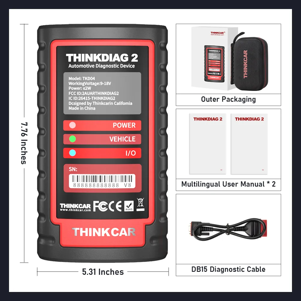 Original THINKCAR Thinkdiag2 OBD2 Scanner Support CAN FD Protocols Free Full Systems 16 Reset Car Diagnostic Tool PK GOLO DBSCAR